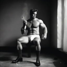 A muscular man wearing a diaper, stockings, and high heels, smoking a cigarette