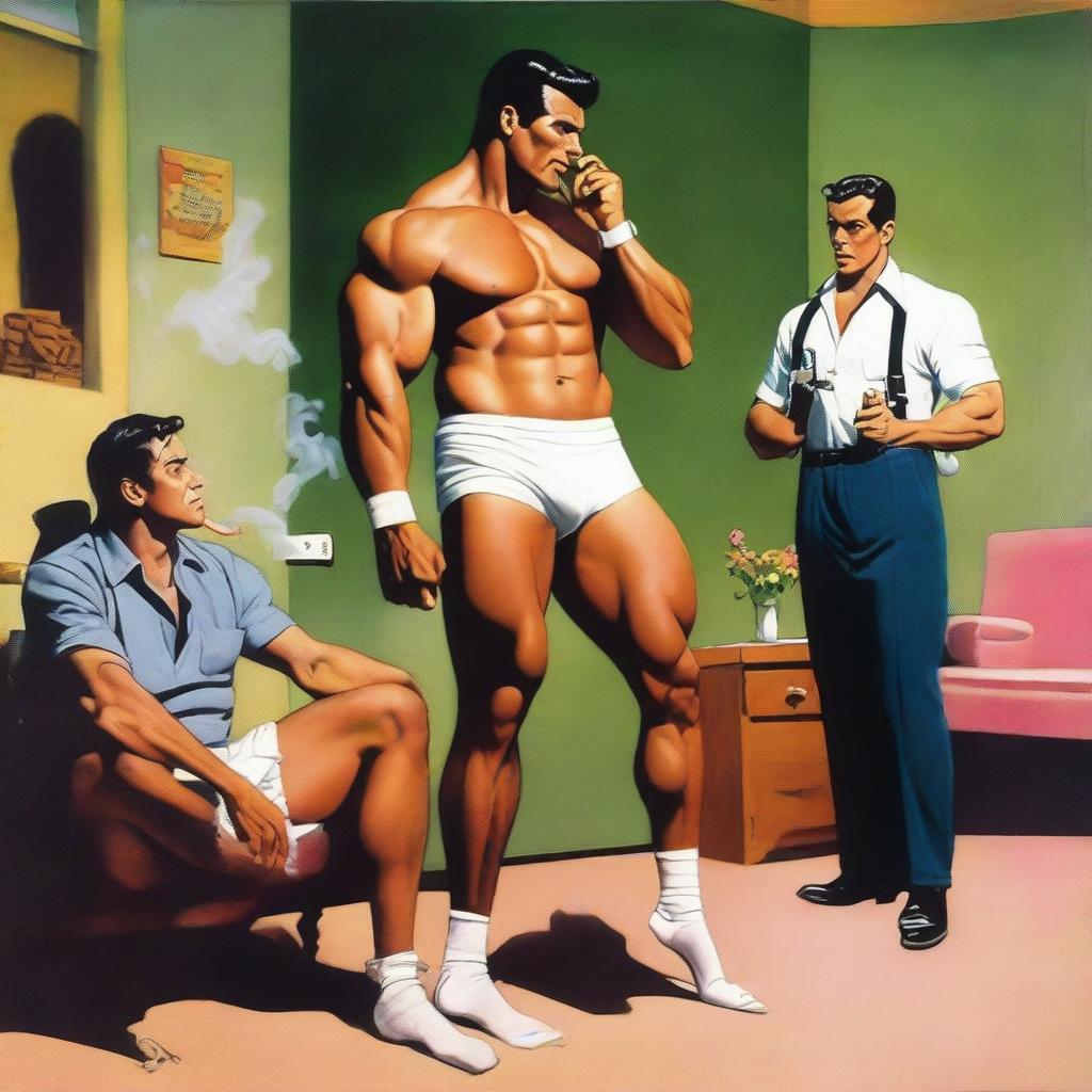 A muscular man wearing a diaper, feminine stockings, and high heels, smoking a cigarette while standing next to another man