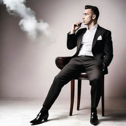 A masculine man wearing stockings, high heels, and a bra, smoking a cigarette