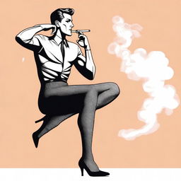 A masculine man wearing stockings, high heels, and a bra, smoking a cigarette