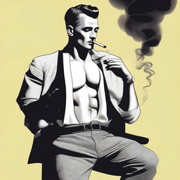 A masculine man wearing stockings, high heels, and a bra, smoking a cigarette