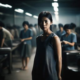 A determined young woman stands in a dimly lit Vietnamese shoe factory