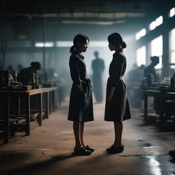 A determined young woman stands in a dimly lit Vietnamese shoe factory