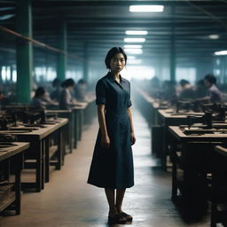 A determined young woman stands in a dimly lit Vietnamese shoe factory