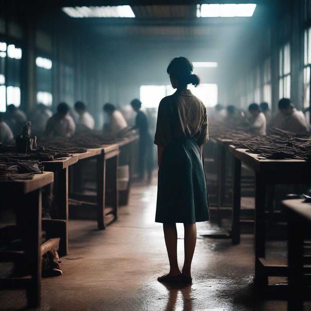 A determined young woman stands in a dimly lit Vietnamese shoe factory