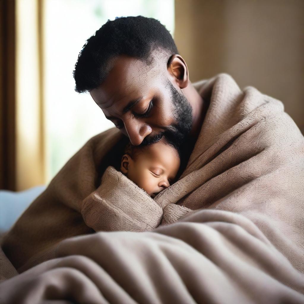 A father wrapped in blankets with his baby son, both looking content and peaceful