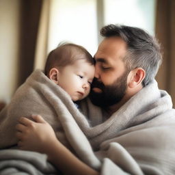 A father wrapped in blankets with his baby son, both looking content and peaceful