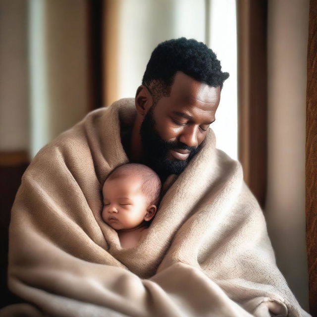 A father wrapped in blankets with his baby son, both looking content and peaceful