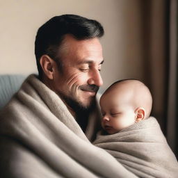 A father wrapped in blankets with his baby son, both looking content and peaceful