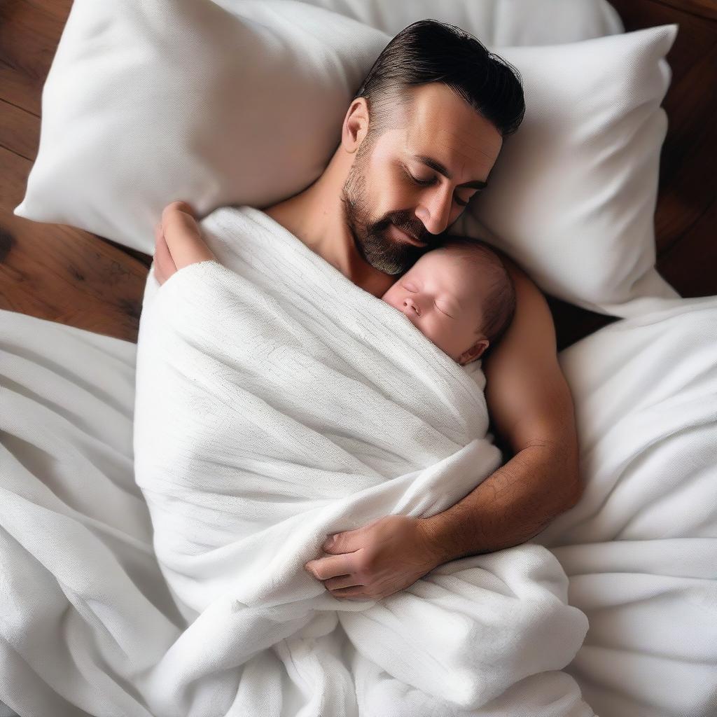 A father wrapped in white blankets with his baby son, viewed from a high angle