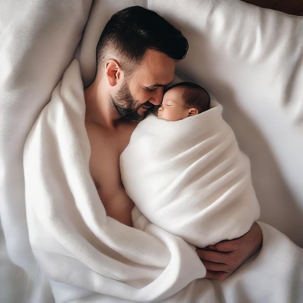 A father wrapped in white blankets with his baby son, viewed from a high angle