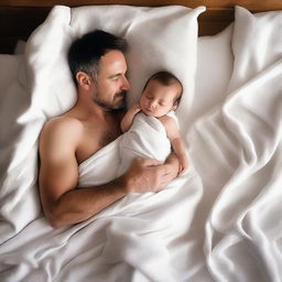 A father wrapped in white blankets with his baby son, viewed from a high angle