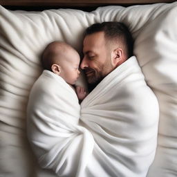 A father wrapped in white blankets with his baby son, viewed from a high angle