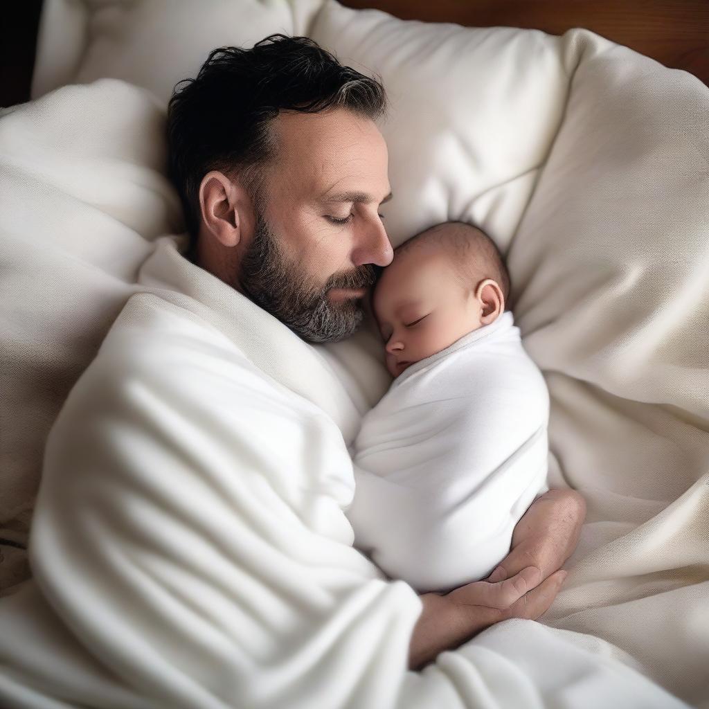 A father wrapped in smooth, white blankets with his baby son, viewed from a high angle