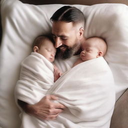 A father wrapped in smooth, white blankets with his baby son, viewed from a high angle