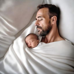 A father wrapped in smooth, white blankets with his baby son, viewed from a high angle