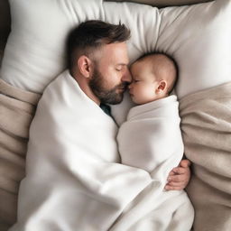 A father wrapped in smooth, white blankets with his baby son, viewed from a high angle