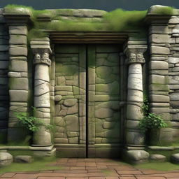 Create an image of the entrance to an ancient ruin with a massive stone door set into a large wall