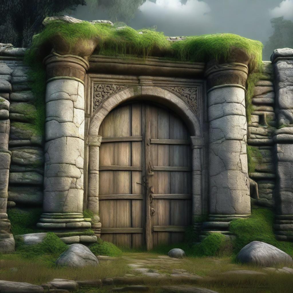 Create an image of the entrance to an ancient ruin with a massive stone door set into a large wall