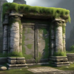 Create an image of the entrance to an ancient ruin with a massive stone door set into a large wall