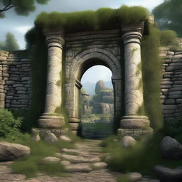 Create an image of the entrance to an ancient ruin with a massive stone door set into a large wall