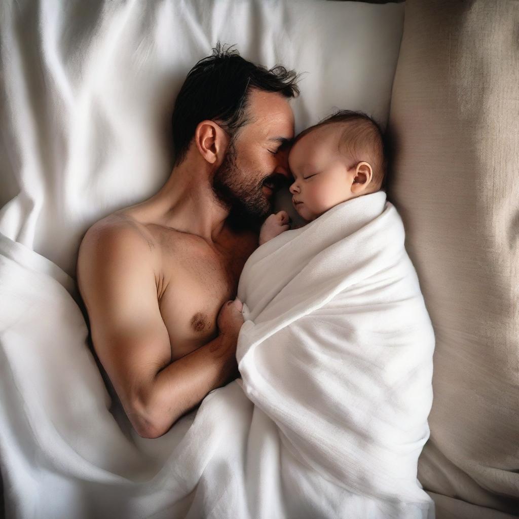 A father wrapped in smooth, white linen blankets with his baby son, viewed from a high angle