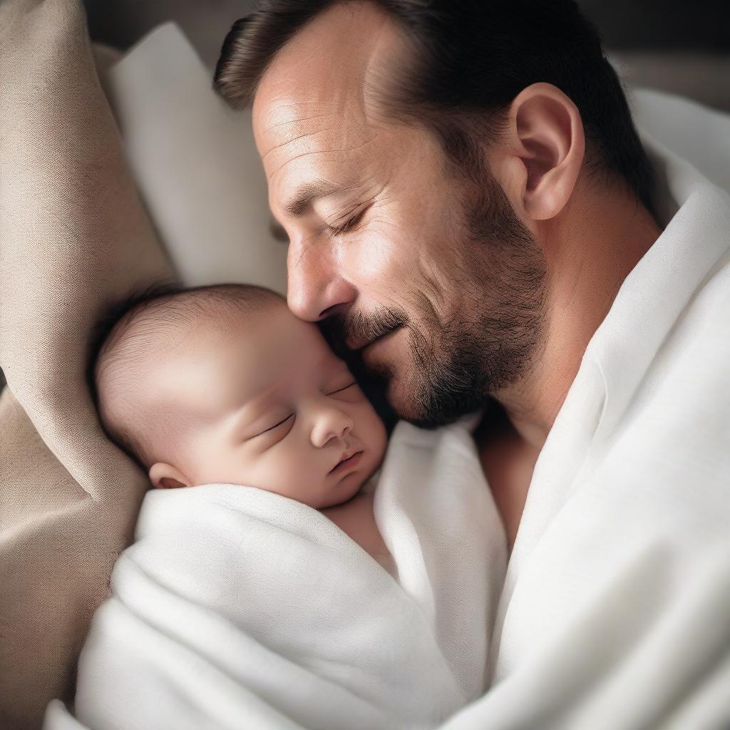 A father wrapped in smooth, white linen blankets with his baby son, viewed from a high angle