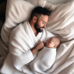 A father wrapped in smooth, white linen blankets with his baby son, viewed from a high angle