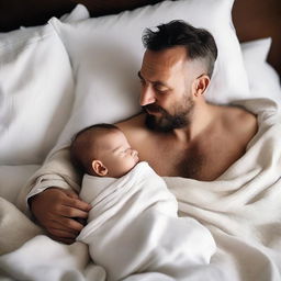 A father wrapped in smooth, white linen blankets with his baby son, viewed from a high angle