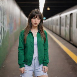 casual photograpy medium body, f1 style jacket, sneakers, female , 23 year old with green eyes and black long hai with withe streaks in the bangs .,freckles, selfie, graffiti background subway, medium distance shot, 4k hd,  --styerw--v 5.2 ar 2-3