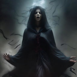 Create an image of a mystical, evil woman descending into madness