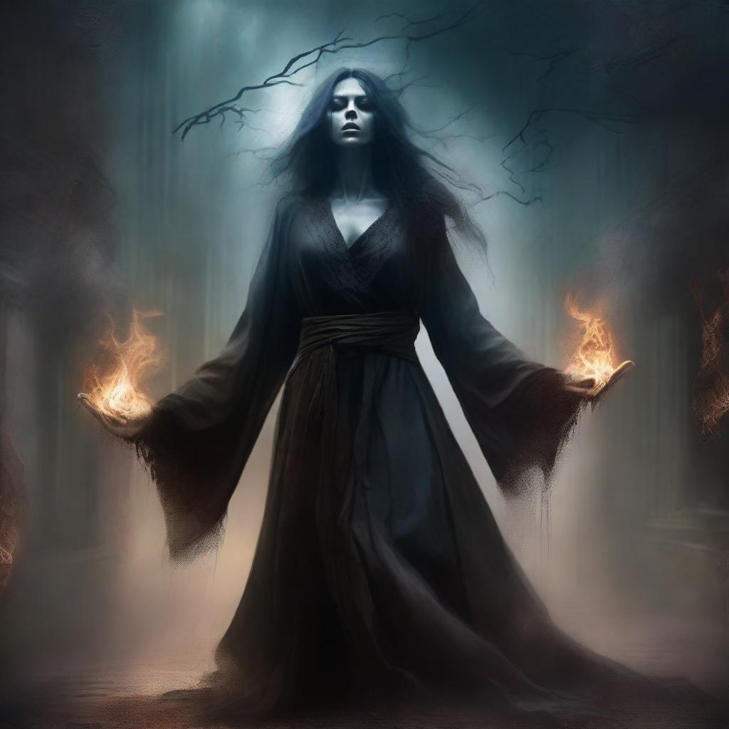 Create an image of a mystical, evil woman descending into madness