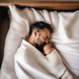 A father wrapped in smooth, white linen blankets with his one-year-old baby son, viewed from a high angle