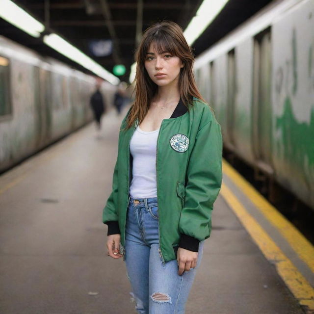 casual photograpy medium body, f1 style jacket, sneakers, female , 23 year old with green eyes and black long hai with withe streaks in the bangs .,freckles, selfie, graffiti background subway, medium distance shot, 4k hd,  --styerw--v 5.2 ar 2-3