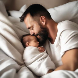 A father wrapped in smooth, white linen blankets with his one-year-old baby son, viewed from a high angle