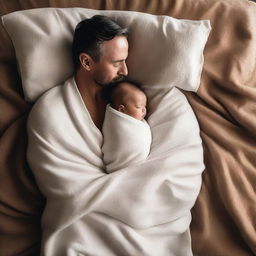 A father wrapped in smooth, white linen blankets with his one-year-old baby son, viewed from a high angle