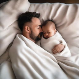 A father wrapped in smooth, white linen blankets with his one-year-old baby son, viewed from a high angle