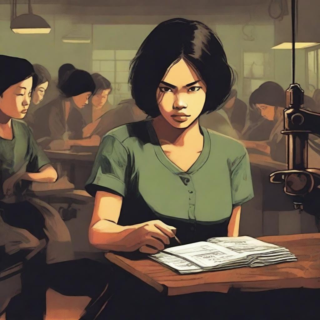 Create a book cover or poster featuring a determined young woman in a dimly lit Vietnamese shoe factory