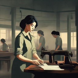 Create a book cover or poster featuring a determined young woman in a dimly lit Vietnamese shoe factory