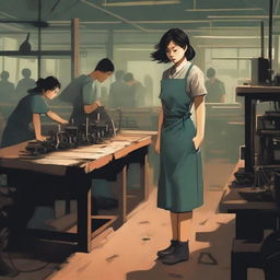 Create a book cover or poster featuring a determined young woman in a dimly lit Vietnamese shoe factory