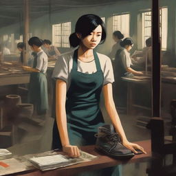 Create a book cover or poster featuring a determined young woman in a dimly lit Vietnamese shoe factory