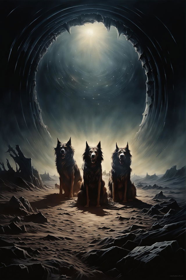 The Hounds of Tindalos emerge from a dark portal in a desolate desert under a starless sky, creating an eerie and malevolent atmosphere with their terrifying appearance and the ominous landscape