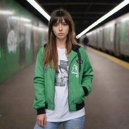 casual photograpy medium body, f1 style jacket, sneakers, female , 23 year old with green eyes and black long hai with withe streaks in the bangs .,freckles, selfie, graffiti background subway, medium distance shot, 4k hd,  --styerw--v 5.2 ar 2-3