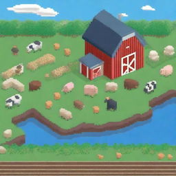 A charming pixel art scene of a farm with a red barn, green fields, and a few farm animals like cows and chickens