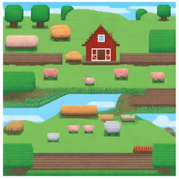 A charming pixel art scene of a farm with a red barn, green fields, and a few farm animals like cows and chickens