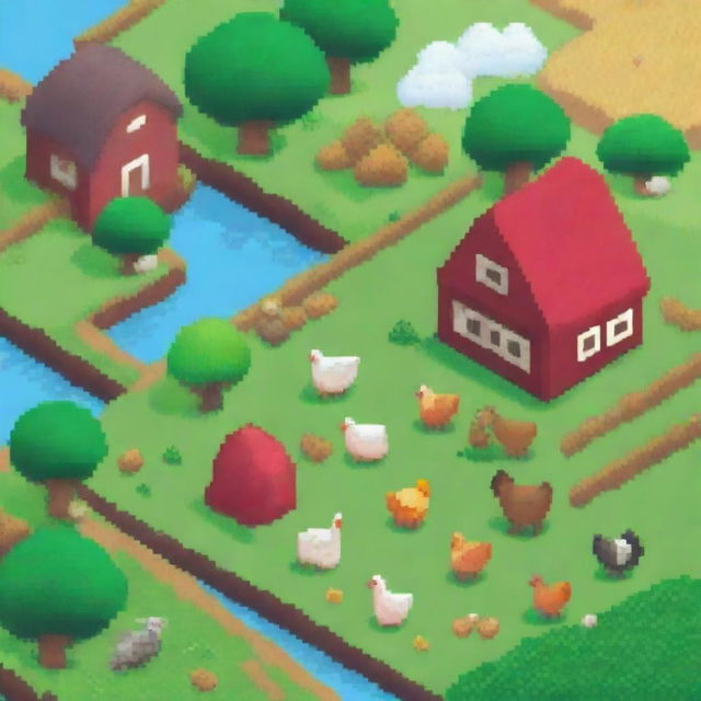 A charming pixel art scene of a farm with a red barn, green fields, and a few farm animals like cows and chickens