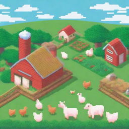 A charming pixel art scene of a farm with a red barn, green fields, and a few farm animals like cows and chickens