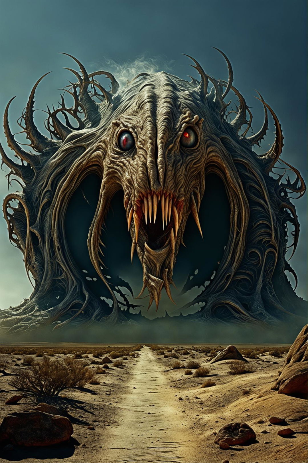 A single Lovecraftian Hound of Tindalos emerges from a dark portal in a desolate desert under the bright midday sun, creating an eerie and malevolent atmosphere with its grotesque, otherworldly appearance and the stark contrast between light and dark