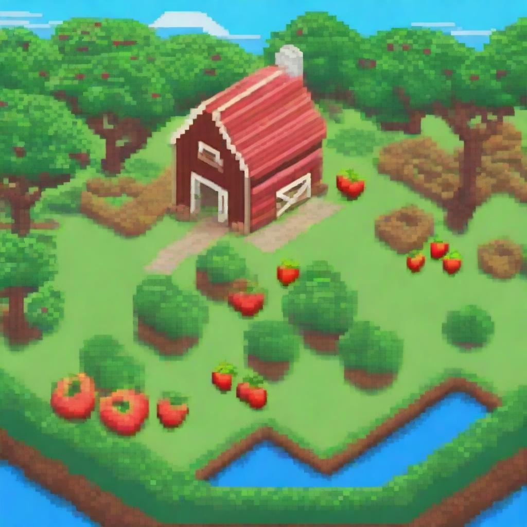 A charming pixel art scene of a farm with tomatoes, strawberries, orange trees, and apple trees planted