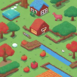 A charming pixel art scene of a farm with tomatoes, strawberries, orange trees, and apple trees planted